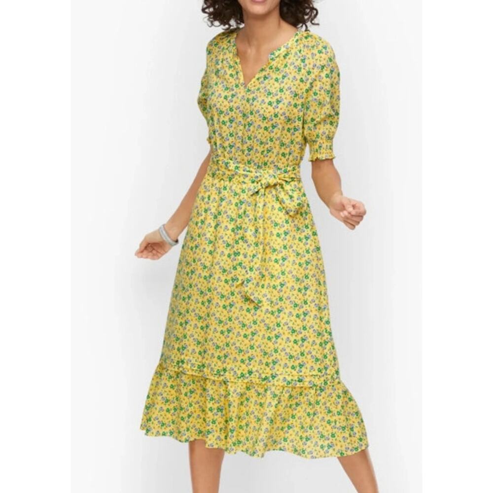 Talbots Yellow Floral Fit & Flare Voile Midi Dress Size Large